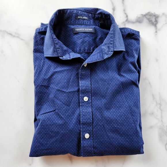 Tommy Hilfiger slim fit men's medium button up dress shirt mini polka dot 15.5 - Picture 1 of 4